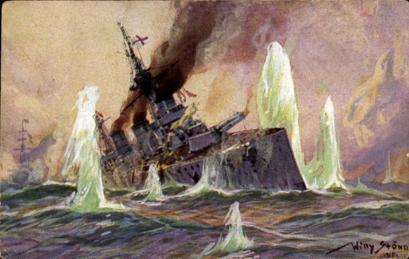 Artist Postcard Stöwer, Willy, Naval Battle North Sea 1915, English Battlecruiser, German Cruisers