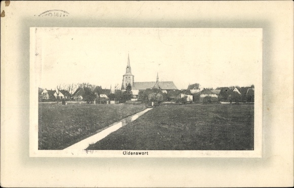 passe-partout ansichtkaart Oldenswort in Noord-Friesland, zicht op de plaats, kerk