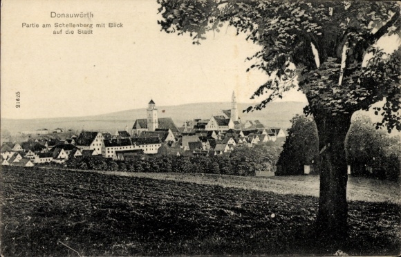 Postcard Donauwörth in Swabia Bavaria, view of the city, part of the Schellenberg, trees in the foreground