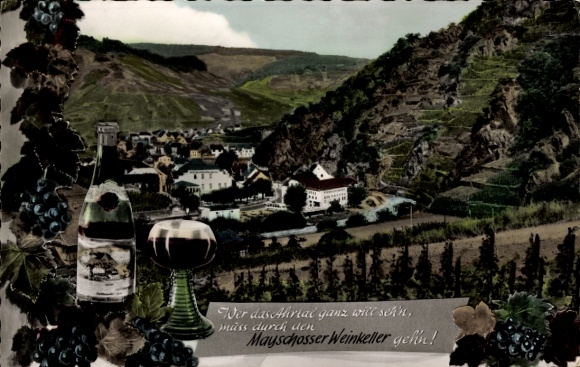 Postcard Mayschoß in Rhineland Palatinate, panorama with winegrowers' association house, wine cellar, rhyme, wine bottle and glass