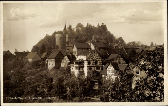 Postcard Lindenfels in the Odenwald, hilly landscape, buildings, castle, clouds
