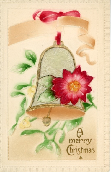 Relief fabric Postcard Congratulations Christmas, bell, mistletoe, flower