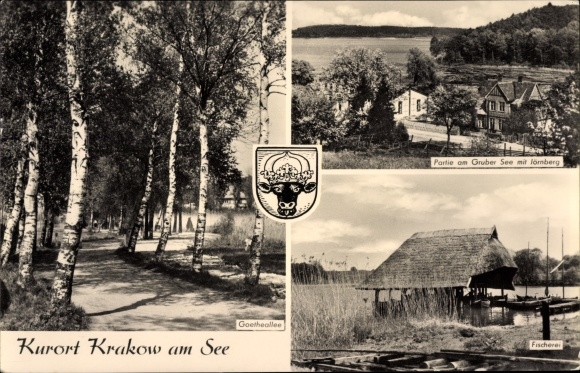 PC Krakow am See, lot at Gruber See with Jörnberg, fishery, Goetheallee, coat of arms