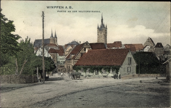 Postcard Bad Wimpfen am Neckar district of Heilbronn, section on Neutorstrasse, church, half-timbered house