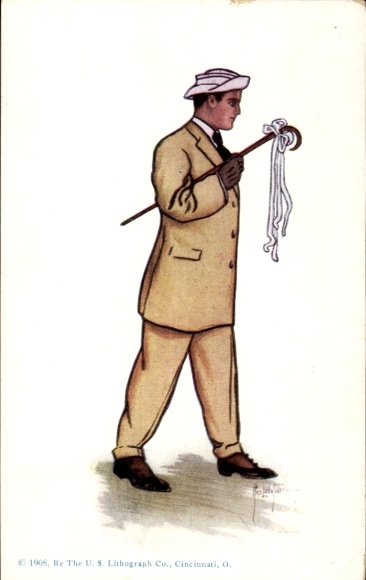 Artist Postcard Man in Suit with Walking Stick, portrait