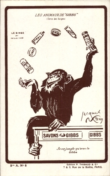 Artist Postcard Advertising Soap Gibbs, monkey juggles with cosmetic products