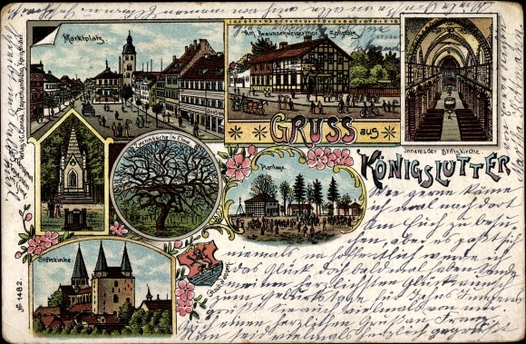 Litho Königslutter am Elm, kapittelkerk, binnenaanzicht, marktplein, plantage