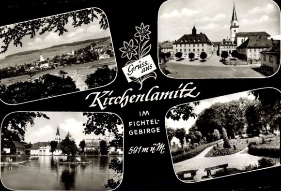 Ak Kirchenlamitz in het Fichtelgebirge Opper-Franken, panorama, plein, park, kerk, waterlichaam