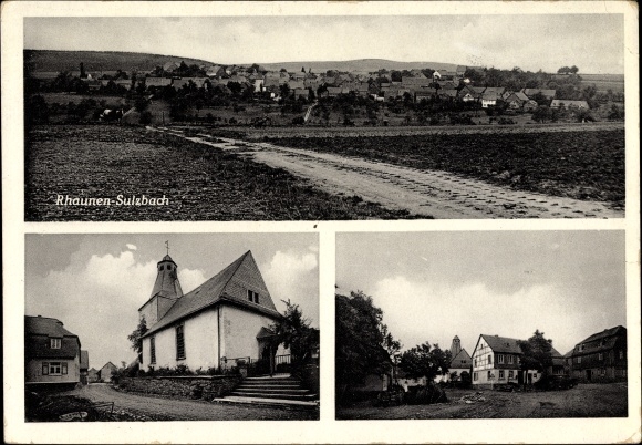 Postcard Rhaunen im Hunsrück, view of the village, church, half-timbered house, Sulzbach