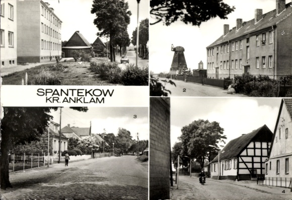 Postcard Spantekow in Mecklenburg Vorpommern, Thomas Müntzer Straße, Mühle, Burgstraße, Mühlenstraße
