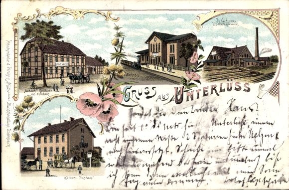 litho Unterlüß Südheide Nedersaksen, Hubachs Inn, stoomzagerij, treinstation, postkantoor