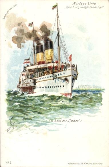 Kunstenaar litho Bohrdt, Hans, stoomschip Cobra, HAPAG kuststoomboot Hamburg-Helgoland-Sylt