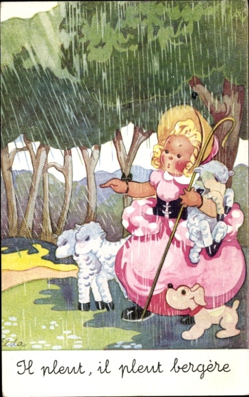Postcard Avignon Vaucluse, girl with sheep in the rain