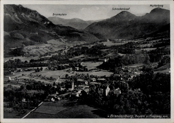 Postcard Brannenburg in Upper Bavaria, aerial view of Bavaria, mountains: Mutterberg, Schreckenkopf, Brunnst