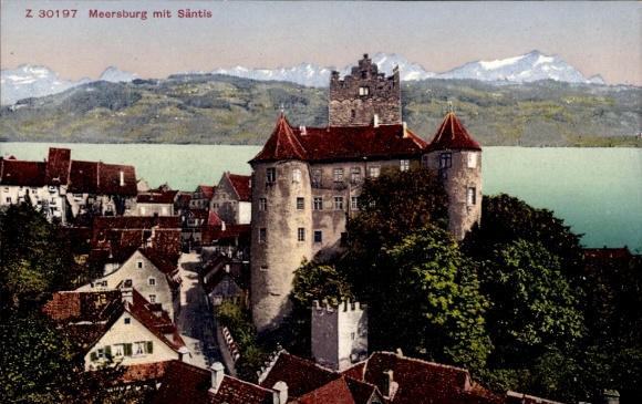 Postcard Meersburg on Lake Constance, castle, houses, Säntis, lake, Alps
