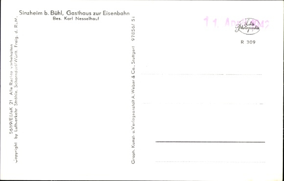 Postcard Sinzheim in Baden, aerial view of Sinzheim, Gasthaus zur Eisenbahn