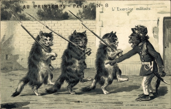 Mint Chromo-Litho L&#39;Exercice militaire, humanized cats and chimpanzee, bayonets