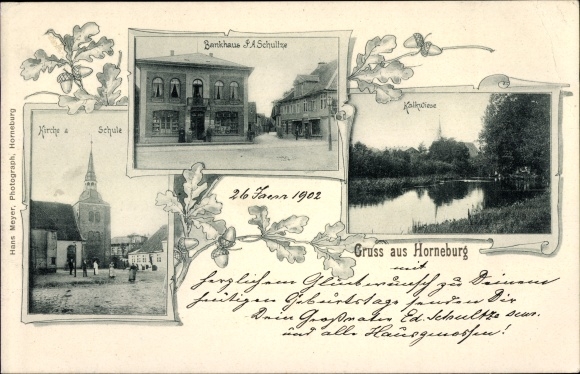 Ak Horneburg in het oude land, kerk, school, bank PA Schulte, Kalkwiese