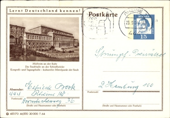 Postcard Mülheim an der Ruhr, town hall at the castle bridge, cultural center