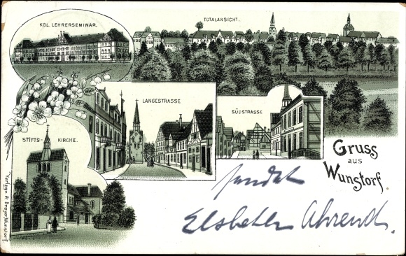 Chromo-Litho Wunstorf in Lower Saxony, teachers&#39; seminary, collegiate church, Langestraße, Südstraße, total view