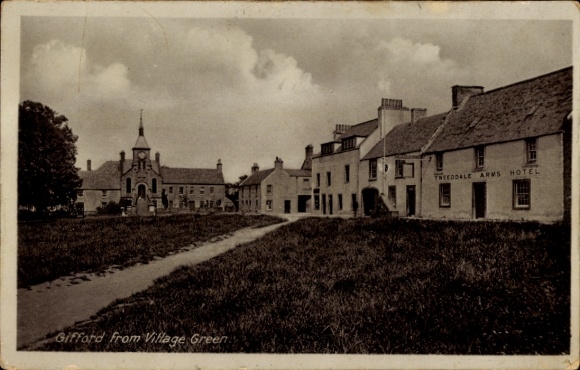 Postcard Gifford Scotland, Village Green, Hotel