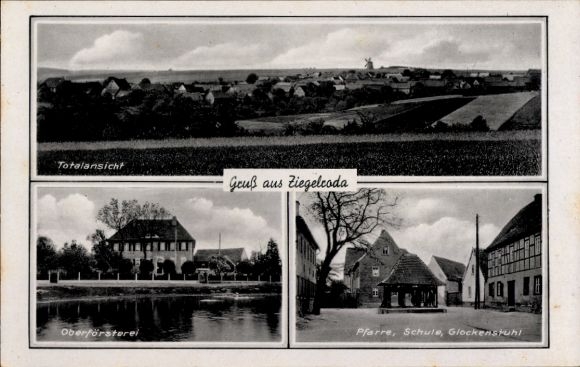 Ak Ziegelroda Querfurt im Saalekreis, Totale, Oberförsterei, Pfarre, Schule, Glockenstuhl