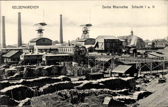 Postcard Gelsenkirchen in the Ruhr area, Rheinelbe mine, shafts I and II.