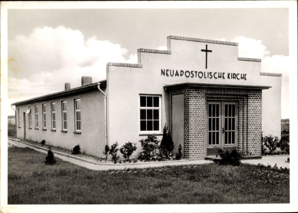 Postcard Achim, New Apostolic Church, general view, entrance