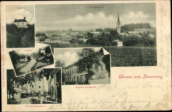 Postcard Amerang in Upper Bavaria, inn, long view, castle