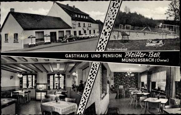 Postcard Mündersbach Westerwald, Inn Pension Pfeiffer Bell, swimming pool