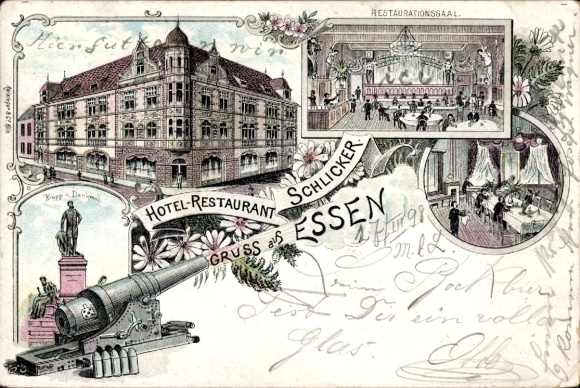 Litho Essen im Ruhrgebiet, Hotel Restaurant Schlicker, Krupp Denkmal