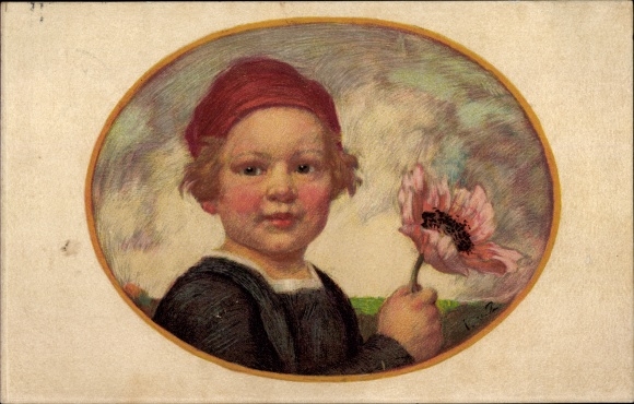 Künstler Ak Zumbusch, Ludwig von, Bayerischer Blumentag 1913, Junge mit Mohnblüte