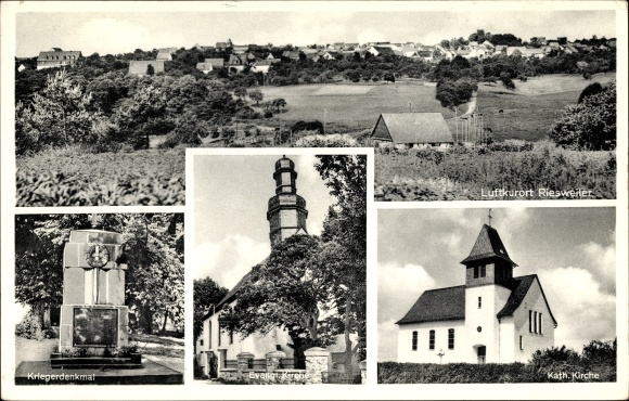 KP Riesweiler w dzielnicy Rhein Hunsrück, kościół katolicki, pomnik wojenny, widok ogólny