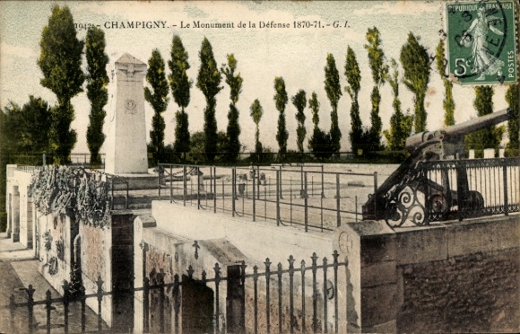 Ak Champigny sur Marne Val de Marne, Monument de la Défense 1870-71, Kanone, Bäume, Eingangstor