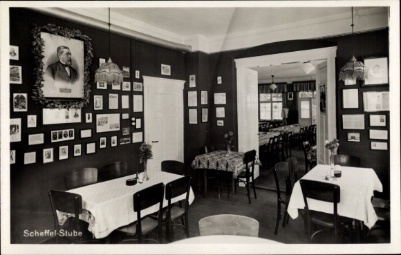 Postcard Gößweinstein in Upper Franconia, Scheffel-Stube, restaurant, tables, chairs, paintings, walls with bi