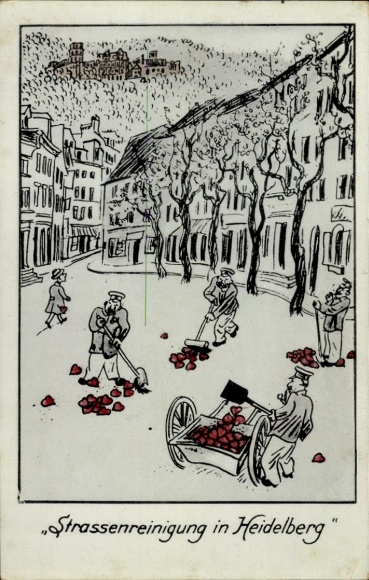 Artist Postcard Heidelberg am Neckar, street cleaning, hearts