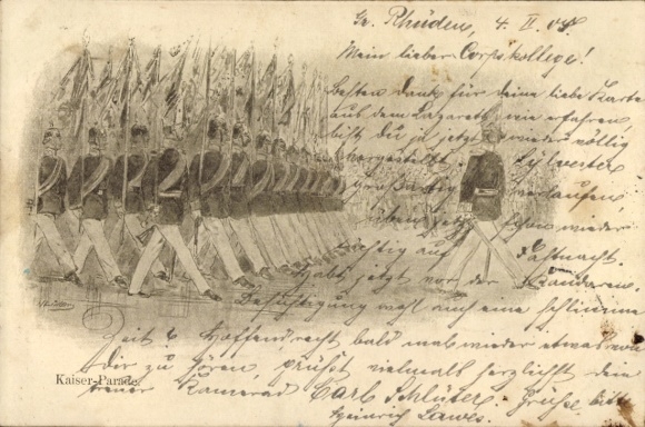 Artist Postcard Kaiser-Parade, marching soldiers company