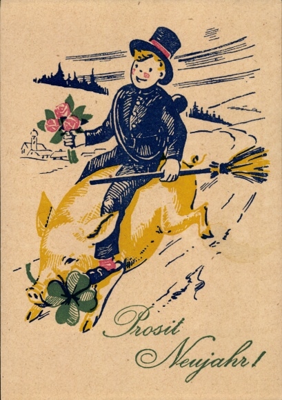 Postcard Happy New Year, chimney sweep riding on a pig