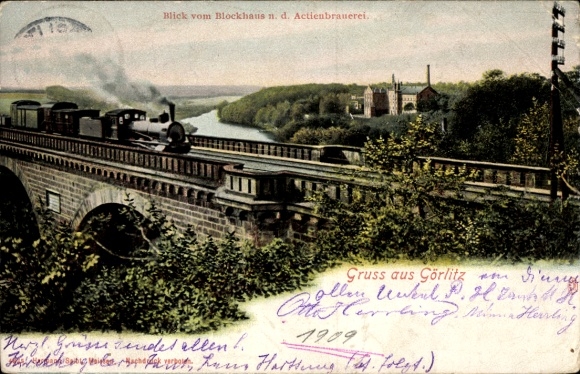 Postcard Görlitz in Lusatia, view from the blockhouse to the Actienbrauerei, railway viaduct
