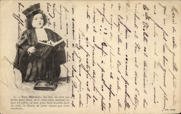 Postcard lawyer, court hearing, boy reading aloud