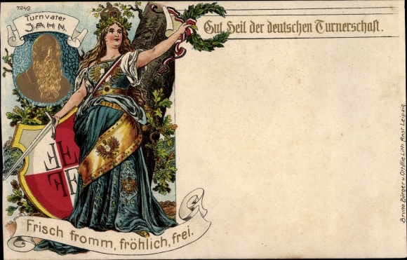 Embossed Chromo-Litho Turnvater Jahn, Gut Heil of the German Gymnastics Association, Fresh fromm merrily freely