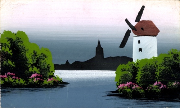 Hand-painted Postcard River, Windmill, Church
