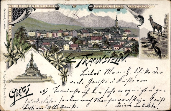 Chromo-Litho Traunstein in Upper Bavaria, total view, fountain, chamois