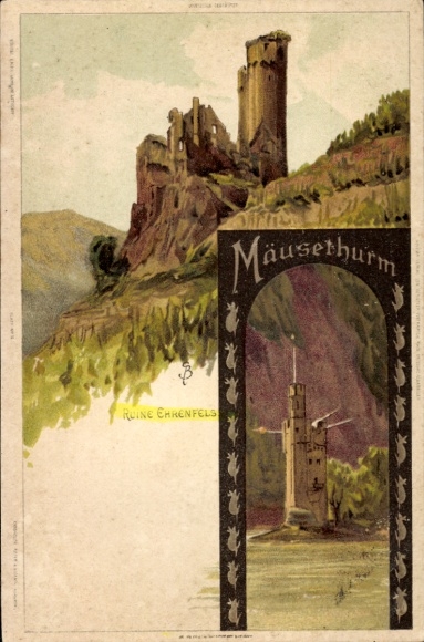 Artist Chromo-Litho Biese, C., Bingerbrück Bingen am Rhein, Ruin Ehrenfels, Mouse Tower