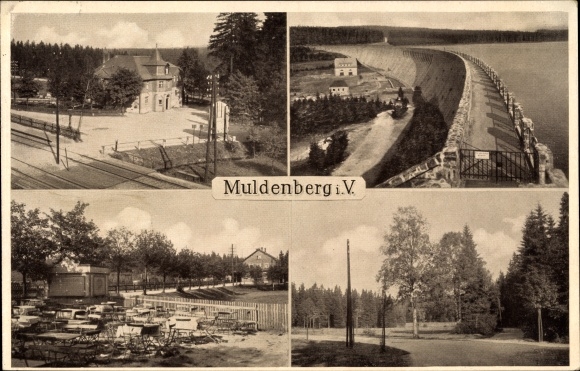 Postcard Muldenberg Grünbach in Vogtland Sachsen, Bahnhofshotel Weidlichhaus, railway barrier, dam