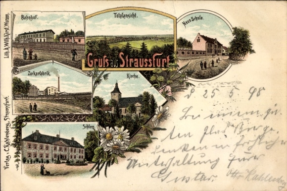 Chromo-Litho Straußfurt in Thuringia, train station, school, church, castle, sugar factory