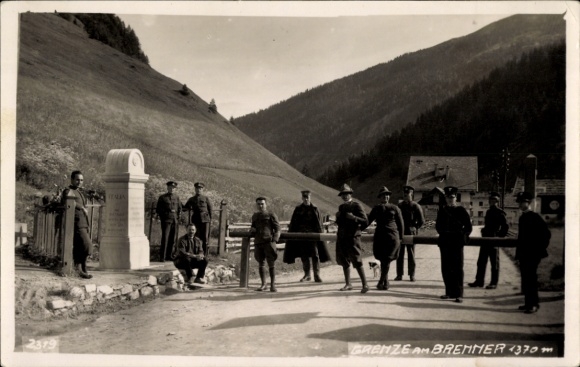 Postcard Tirol, South Tyrol, Passo Brennero, Brenner Pass, border, boundary stone, barrier, customs officer