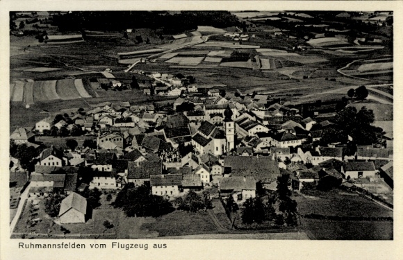 Postcard Ruhmannsfelden in the Bavarian Forest, aerial photograph of architecture