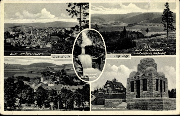 Postcard Eibenstock in the Erzgebirge of Saxony, view from Adlerfelsen, view of the Huldental, Bielhaus, memorial