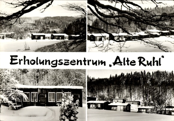 Postcard Ruhla in Thuringia, recreation center Alte Ruhl, winter landscape, huts, snow-covered trees